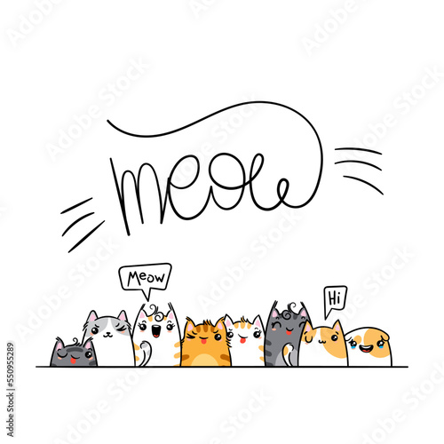 Fototapeta Naklejka Na Ścianę i Meble -  Meow. Kawaii illustration hand drawn banner. Cute cats with greetings and lettering on white color. Doodle cartoon style