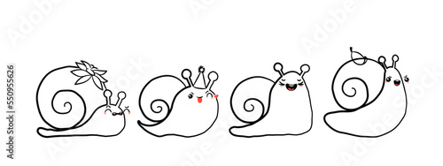 Kawaii snail character with shell and cartoon snailfish or snail-like mollusk. Coloring kids illustration, set of lovely snail-paced slugs with random emoji, isolated on white background