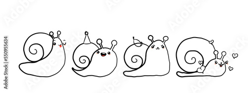 Kawaii snail character with shell and cartoon snailfish or snail-like mollusk. Coloring kids illustration, set of lovely snail-paced slugs with random emoji, isolated on white background