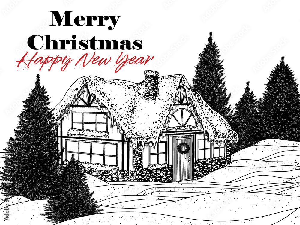 Vector christmas illustration. Winter landscape. Snow-covered house in the forest in the style of engraving