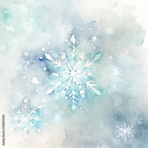 Abstract Christmas delicate watercolor background with abstract snowflakes. Background for a festive New Year's winter card. AI 