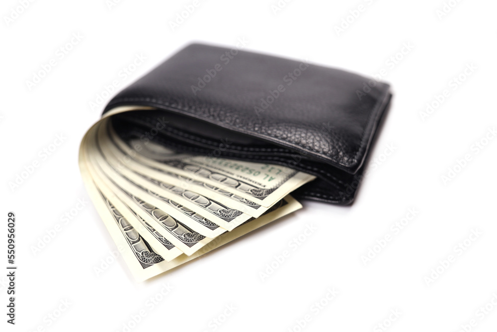 leather wallet with money american dollars isolated on white, concept of shopping, savings, investment, donations leather wallet with money american dollars isolated on white, concept of shopping, savings, investment, donations