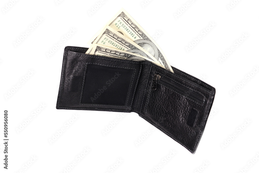 Levitating leather wallet with money american dollars isolated on white Levitating leather wallet with money american dollars isolated on white