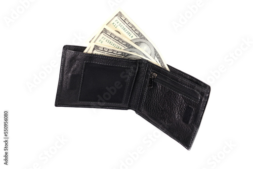 Levitating leather wallet with money american dollars isolated on white