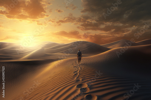 Old erson at Sahara desert with layers of sand dunes at sunset 