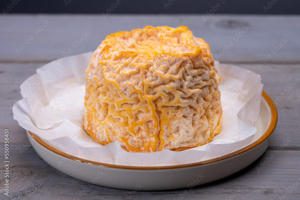 French Langres soft cows crumbly cheese with washed rind structure made in Champagne - Ardenne region French Langres soft cows crumbly cheese with washed rind structure made in Champagne - Ardenne region