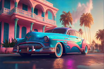 Wandcirkels Auto Vintage auto op strand van Miami  © ARThitecture