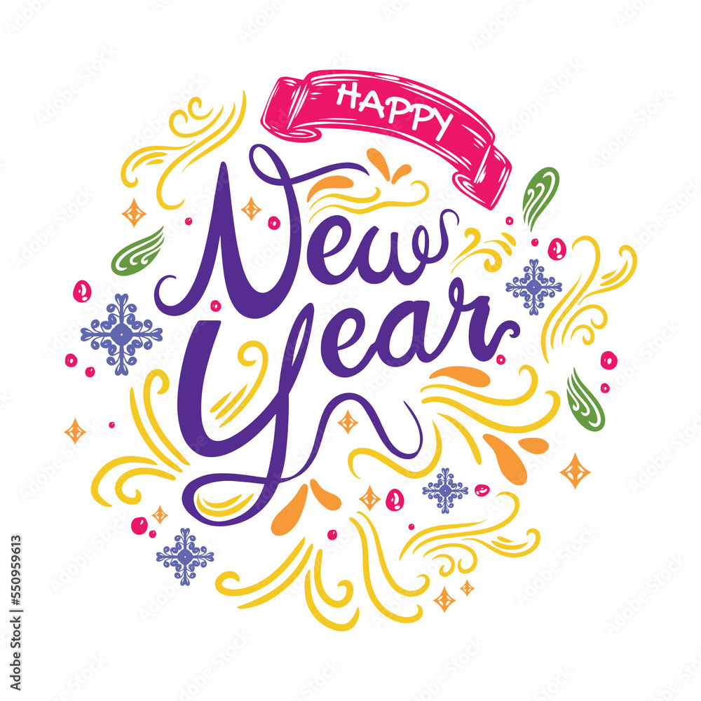 Obraz premium happy new year wishes in handwritten letters full of colorful accents. premium vector