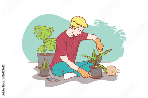 Young Asian man cares for indoor plant plants with care. Monstera and Cantus lovers at home. Eco living and lifestyle concept, plant care. vector illustration flat cartoon © Bingo-aun