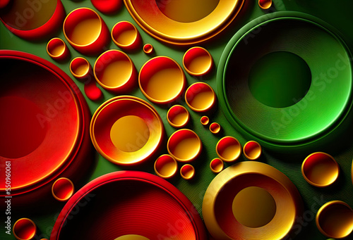 Different abstract Christmas background with circles in red green and gold colors, circling Christmas in its best shapes, red green and gold background, backdrop, Christmas, illustration, digital