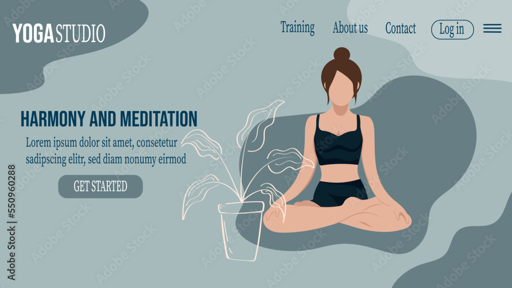 Obraz premium Girl meditates in a lotus position on a gray background and next to her is a houseplant. Yoga school, open yoga studio, learn more about practice concept, website. Gray vector isolated illustration