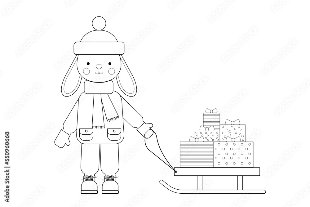 Cute rabbit and gifts. Coloring page.