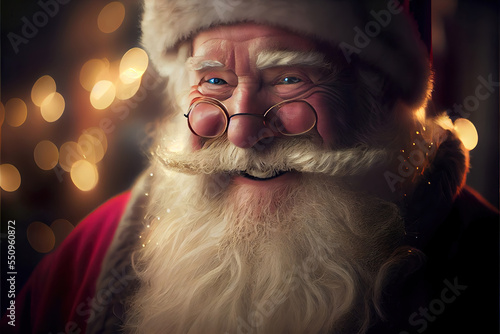 smiling santa claus with christmas lights background photo