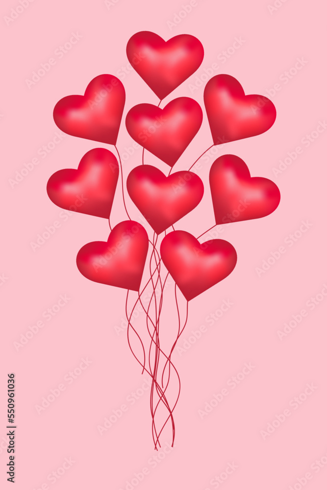 Valentine's Day. A bunch of heart-shaped balloons on a pink background. for postcard, background, wallpaper, storis. vector.