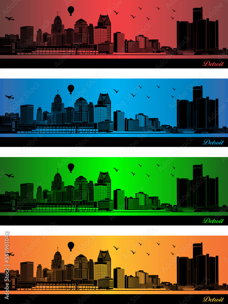 Detroit city in a four different colors - illustration, 
Town in colors background, 
City of Detroit