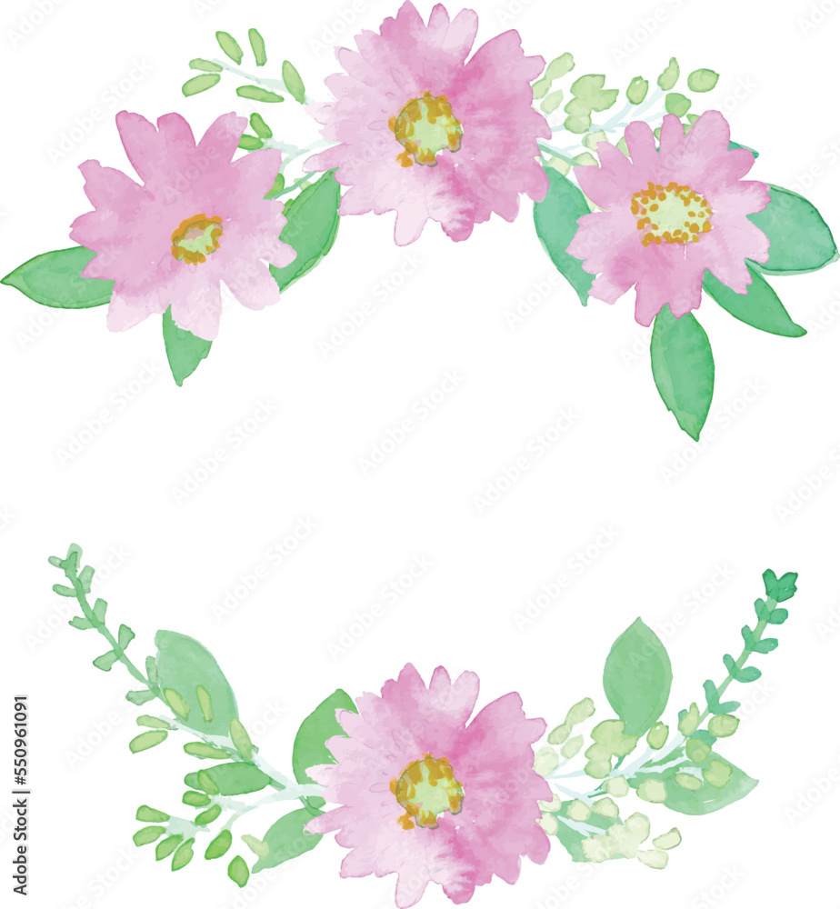 水彩画。水彩タッチのベクター植物フレーム。ピンクの花と植物の装飾枠。Watercolor painting. Vector plant frame with watercolor touch. Decorative frame with pink flowers and plants.