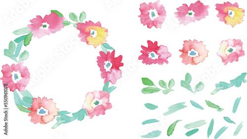 水彩画。水彩タッチのベクター植物フレーム。ピンクの花と植物の装飾枠。Watercolor painting. Vector plant frame with watercolor touch. Decorative frame with pink flowers and plants.