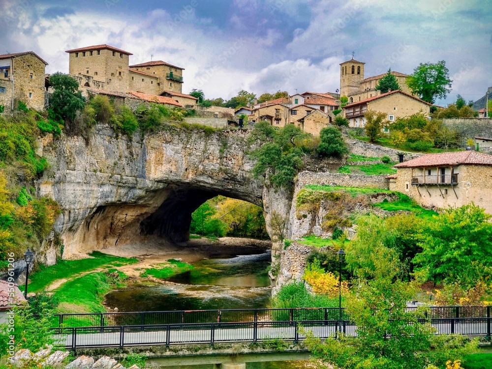 Puentedey village is on a natural bridge over Nela river, Las Merindades, Burgos province, Castilla-León, Castille-Leon, Spain