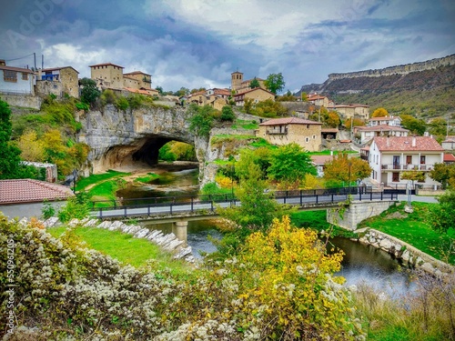 Puentedey village is on a natural bridge over Nela river, Las Merindades, Burgos province, Castilla-León, Castille-Leon, Spain