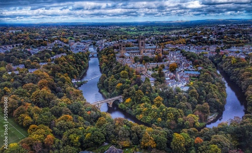 Aerial shot of Durham a cathedral city in the North-East of England