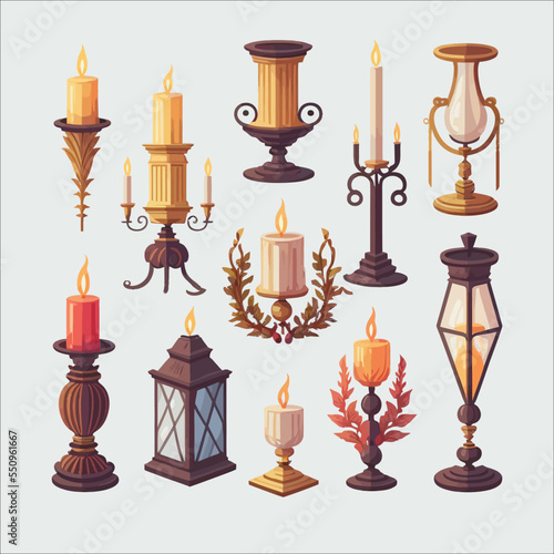 Christmas candles on candlesticks, holders, in lanterns. Xmas light decoration set. Flat illustrations isolated on white background