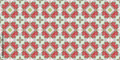 Seamless Christmas poinsettia retro border. Decorative ornament in seasonal red for December holiday washi tape. Winter botanical vintage scandi repeat ribbon. 