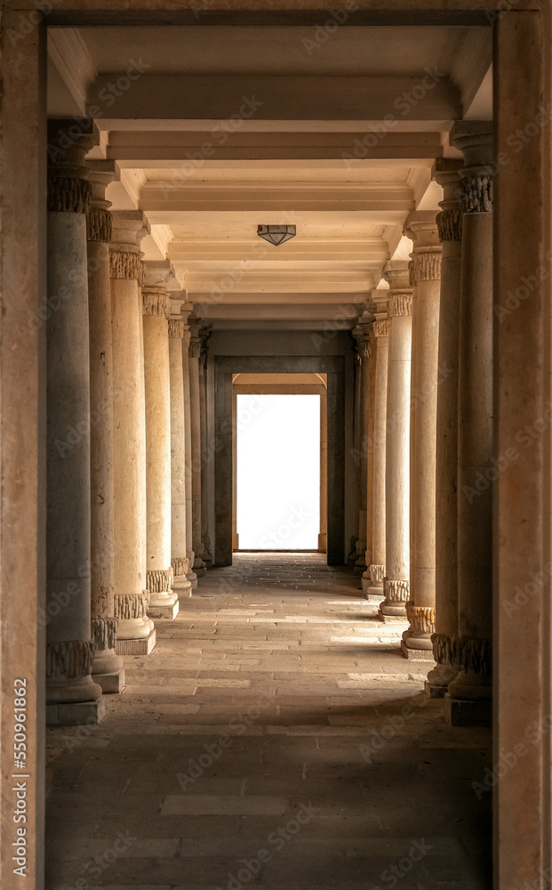 colonnade in interior courtyard, corridor of the building, isolated