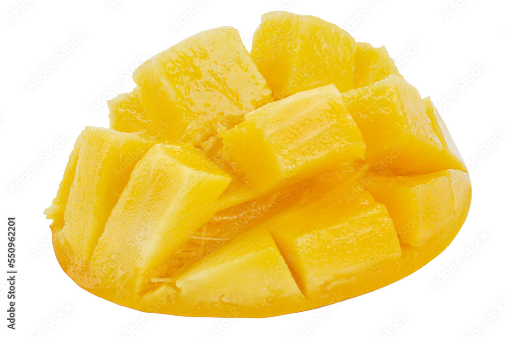 Delicious ripe sliced mango isolated on white background. Exotic fruit. Delicious ripe sliced mango isolated on white background. Exotic fruit.