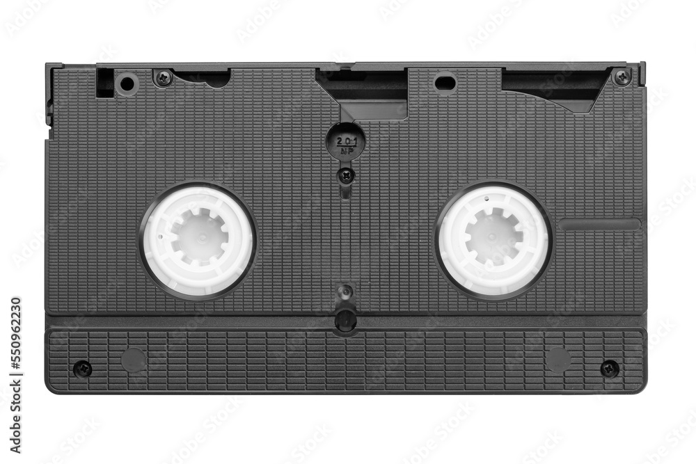 VHS video tape cassette isolated on white background. Old analog tape VHS cassette. Retro