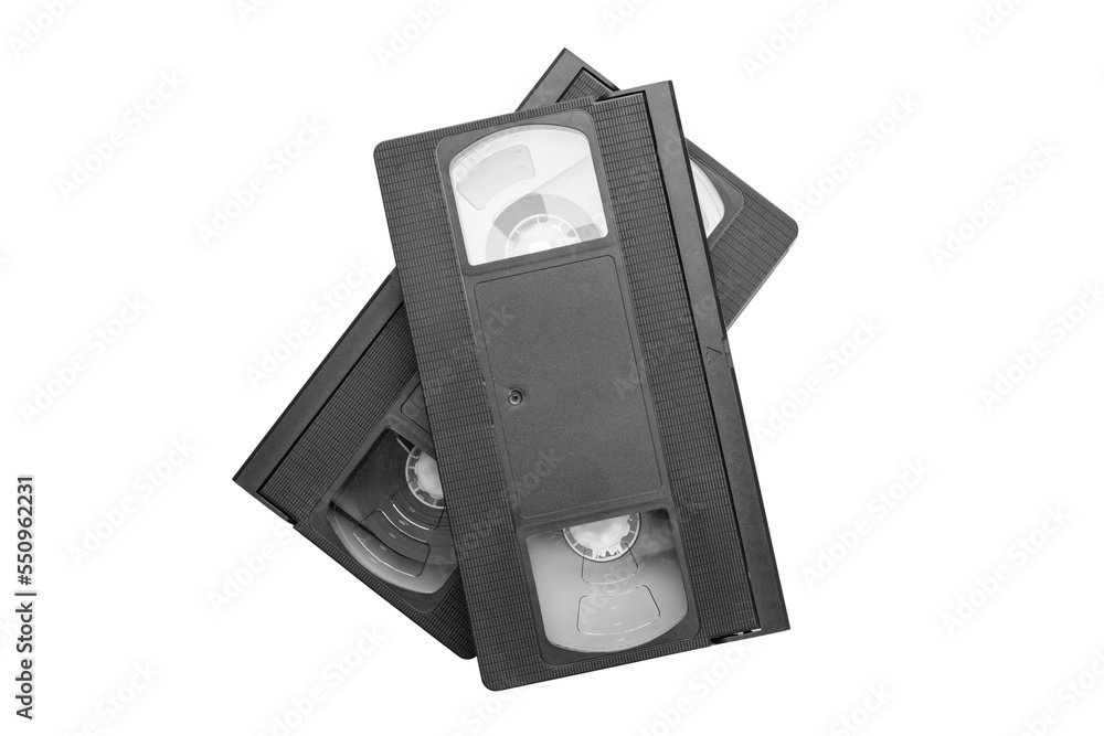 VHS video tape cassette isolated on white background. Old analog tape
