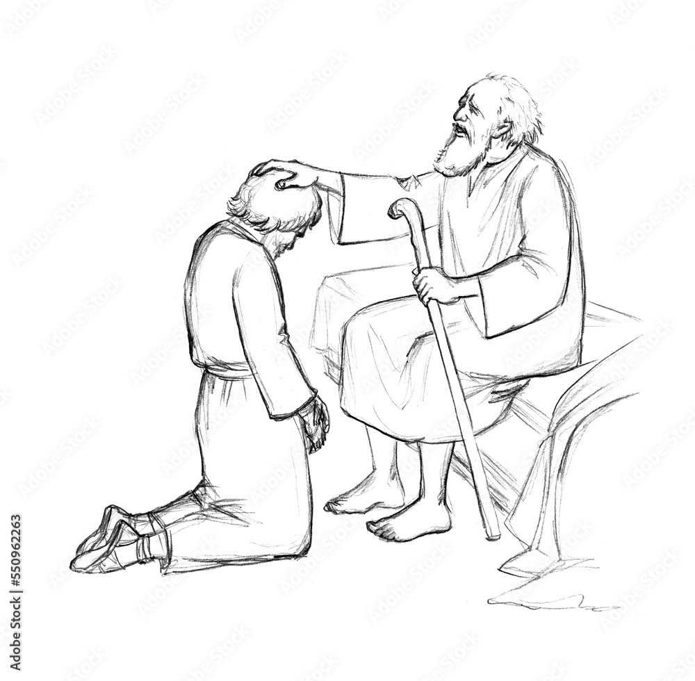 Pencil drawing. Isaac blesses Jacob Stock Illustration | Adobe Stock