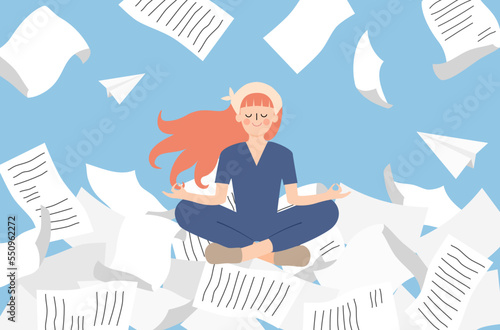 Overwhelm office task for business person, business woman with overwhelm works, concentrate office woman vector, busy business woman vector, work life balance vector, lifestyle of businessman vector.
