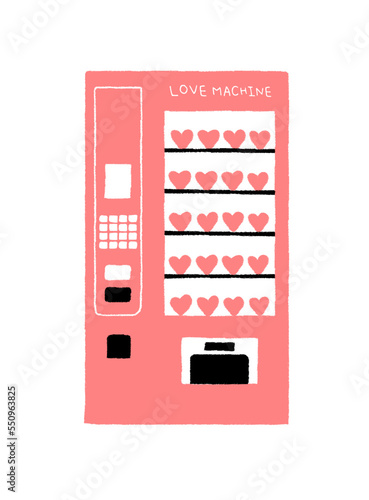 Vector illustration of gaming machine with pink hearts. Vintage vending machine pink hearts packaging set. Hand drawn art design for Valentine's Day greetings and card, web, banner, poster, print.