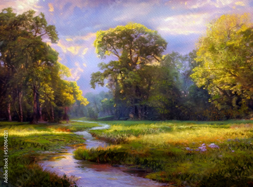 Morning in the forest, morning in the woods. Watercolor paintings landscape, artwork. Fine art, sunset over the river