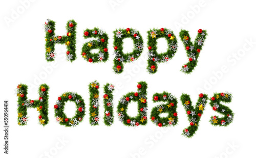 Beautiful christmas wreath like font in the shape of text Happy Holidays with snowflake and shiny stars and red orbs on transparent background (RGBA 3D Rendering PNG)