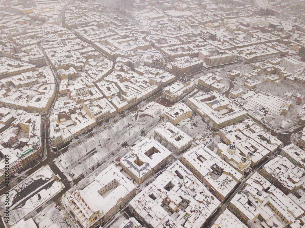 Ukraine, Lviv city center, old architecture, drone photo, bird's eye view in winter Ukraine, Lviv city center, old architecture, drone photo, bird's eye view in winter