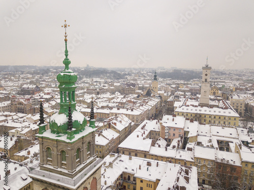 Ukraine, Lviv city center, old architecture, drone photo, bird's eye view in winter