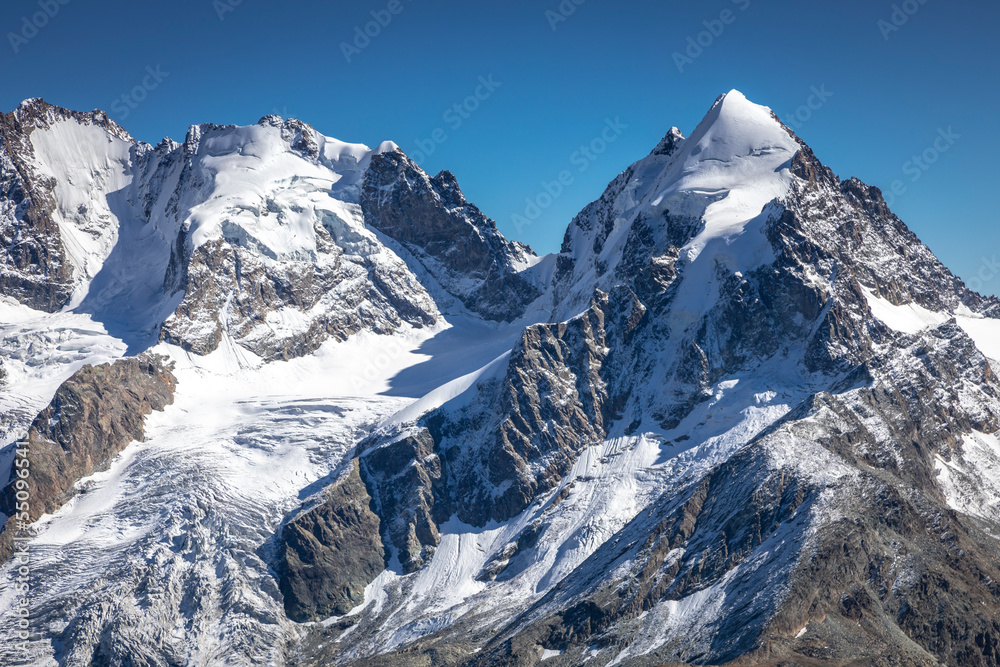 Bernina and Palu mountain range with glaciers in the Alps, Engadine, Switzerland Bernina and Palu mountain range with glaciers in the Alps, Engadine, Switzerland