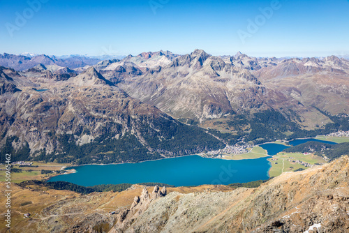 Above Silvaplana lake, Sils and Maloja from Piz Corvatsch, Engadine, Switzerland