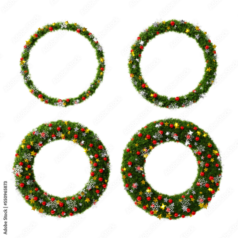 Beautiful christmas wreath graphic elements set in the shape of circle with snowflake and shiny stars and red orbs on transparent background (RGBA 3D Rendering PNG) Beautiful christmas wreath graphic elements set in the shape of circle with snowflake and shiny stars and red orbs on transparent background (RGBA 3D Rendering PNG)