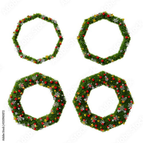 Beautiful christmas wreath graphic elements set in the shape of octagon with snowflake and shiny stars and red orbs on transparent background (RGBA 3D Rendering PNG)