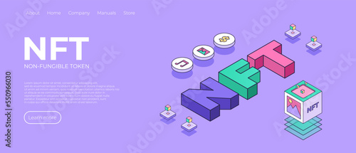 NFT theme design. Cryptographic art crypto art nft isometric composition with 3d text. Non-fungible token