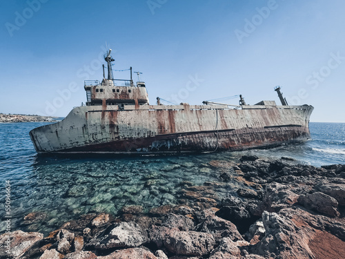 Fotografie, Obraz Abandoned ship wreck Edro III lying on the stones seashore