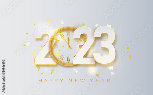 2023 Happy New Year Golden Vector luxury text elegant banner with falling confetti on bright background. 2023 Golden 3d numbe.
