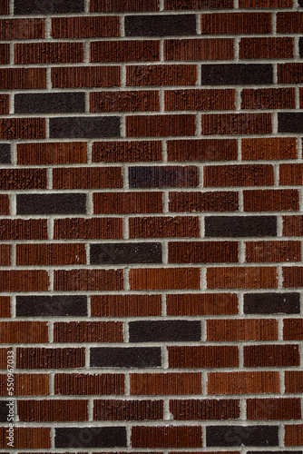 newly built red and purple brick wall with white grout