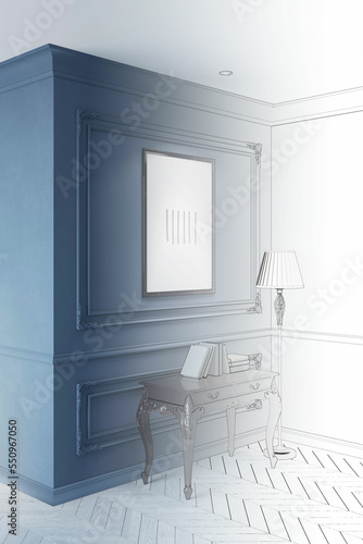 A sketch becomes a dark classic interior with an illuminated vertical poster on a wall with moldings, a floor lamp with bronze leg near a black console with books, and a light parquet floor. 3d render