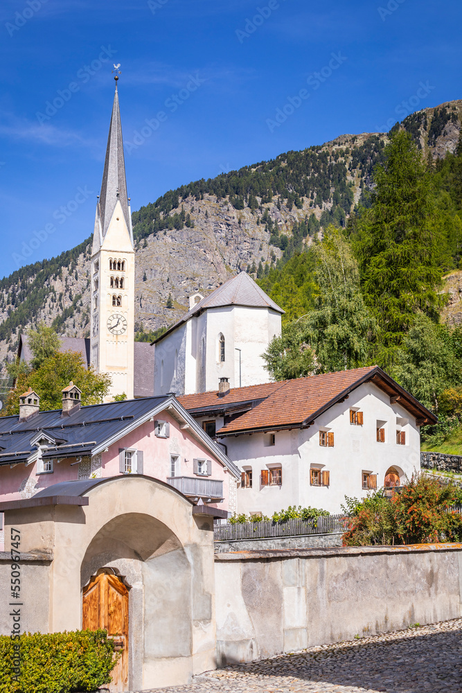Idyllic landscape of Zernez village, Engadine, Swiss Alps, Switzerland