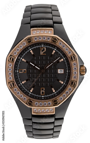Isolated Black wrist watch with gold and diamond in PNG format.