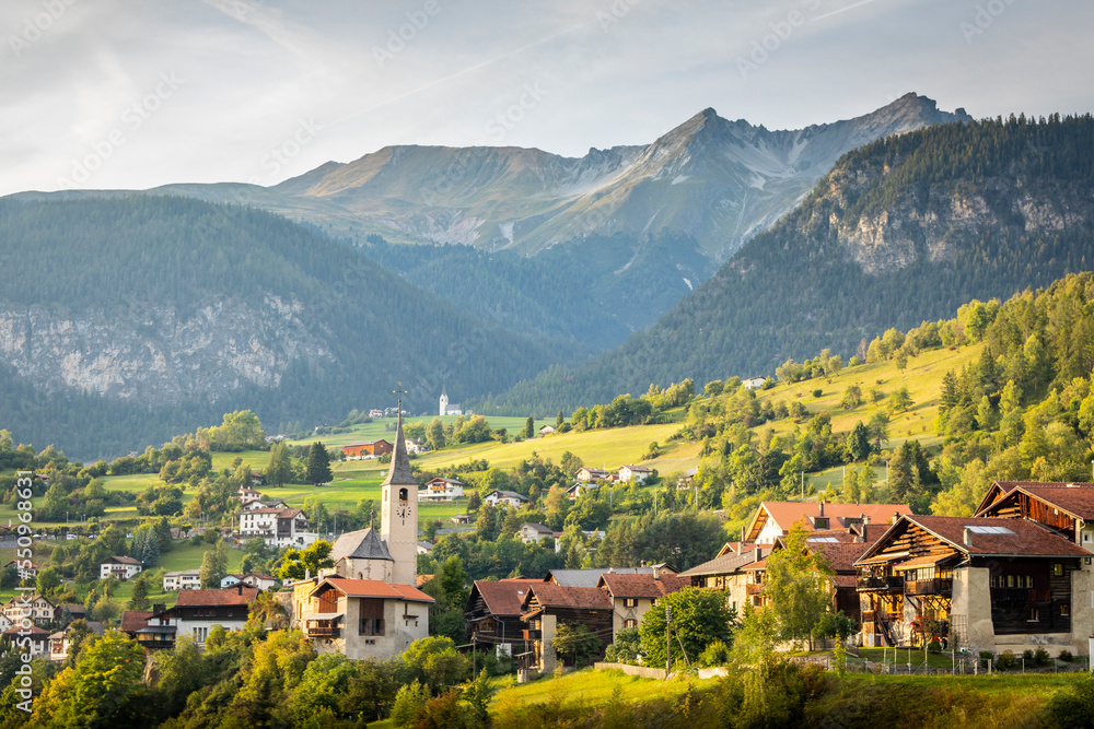 Idyllic landscape of Filisur village, Engadine, Swiss Alps, Switzerland