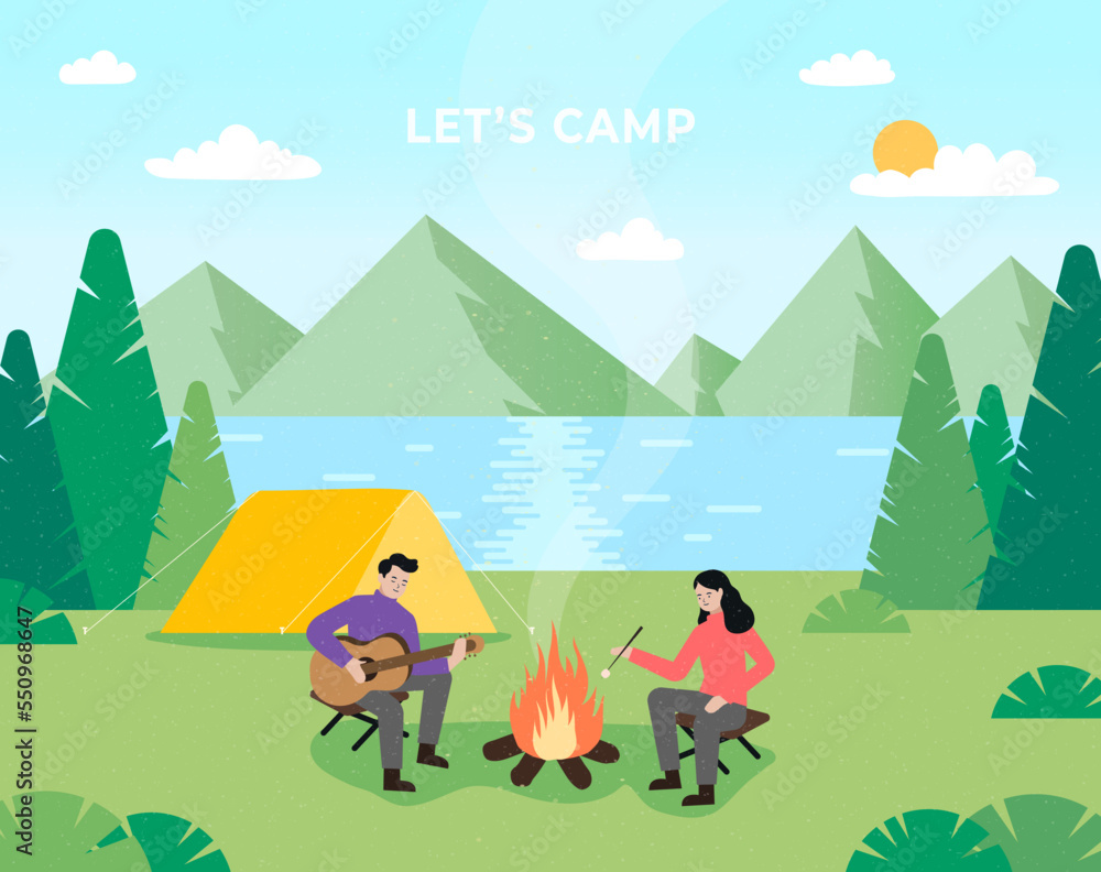 Camping tent near the lake and mountains. happy girl and boy, Summer or spring landscape. Tourist camp with picnic spot and tent among forest, mountain landscape. Modern flat design illustration.